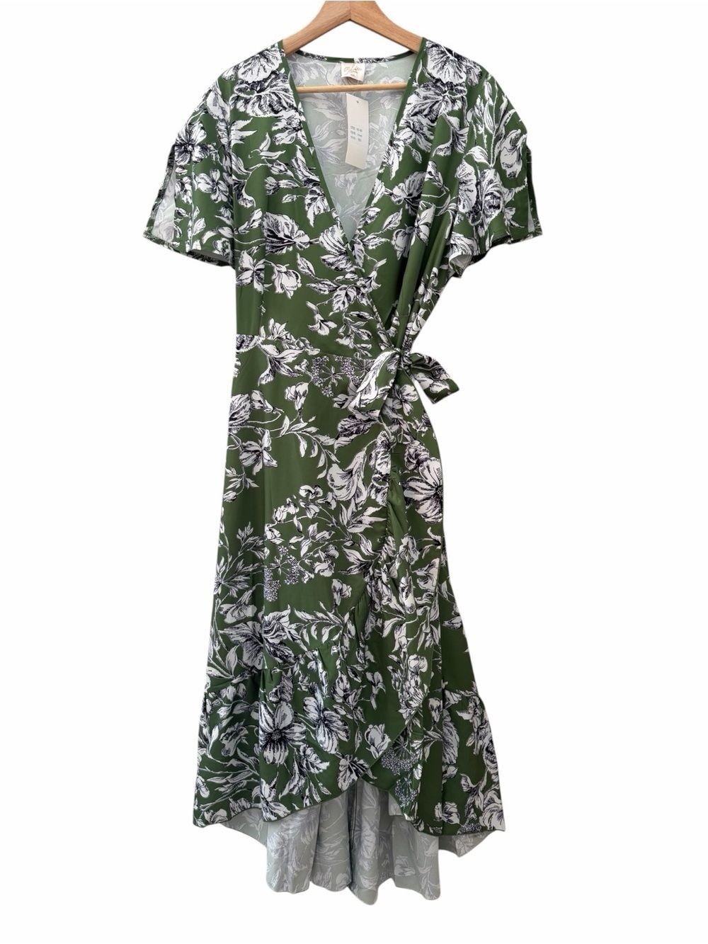 GLM Wrap Dress Womens Sz XXL Green White Black Floral Hi Low Hem Split Slv Boho